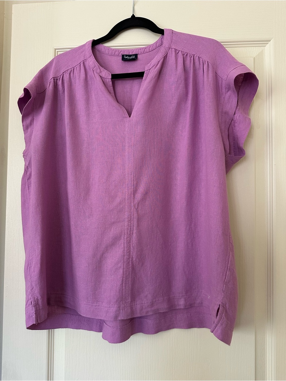 Splendid Lavender Linen-blend Split-Neck Short Sleeve Blouse, Size XL